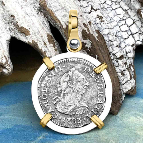 El Cazador Shipwreck 1783 1/2 Reale Piece of 8 14K Gold and Sterling Silver Pendant
