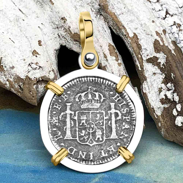 El Cazador Shipwreck 1783 1/2 Reale Piece of 8 14K Gold and Sterling Silver Pendant
