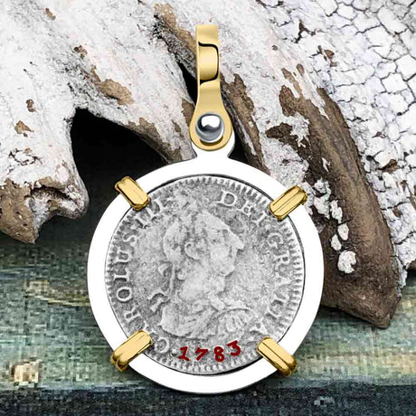 El Cazador Shipwreck 1783 1/2 Reale Piece of 8 14K Gold and Sterling Silver Pendant