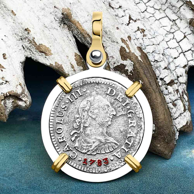 El Cazador Shipwreck 1783 1/2 Reale Piece of 8 14K Gold and Sterling Silver Pendant | Artifact #4033