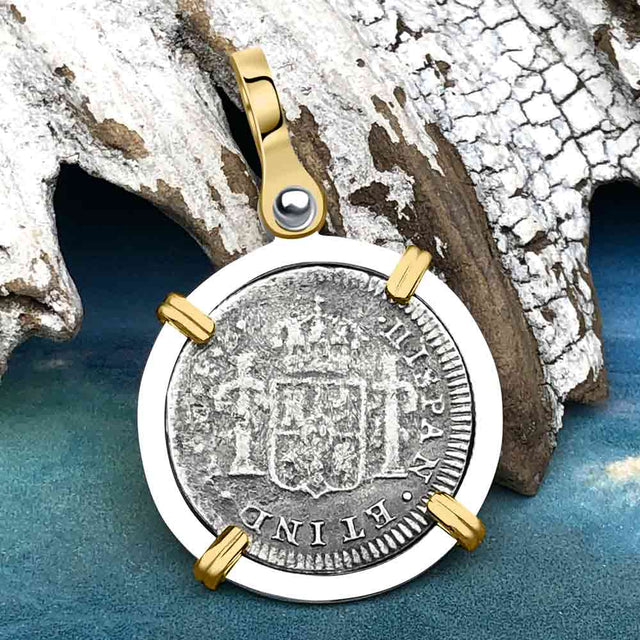 El Cazador Shipwreck 1783 1/2 Reale Piece of 8 14K Gold and Sterling Silver Pendant | Artifact #4033