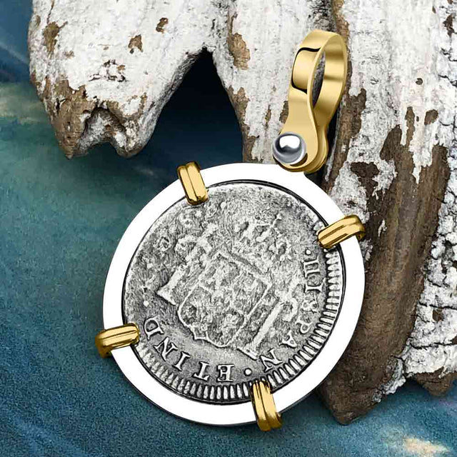 El Cazador Shipwreck 1783 1/2 Reale Piece of 8 14K Gold and Sterling Silver Pendant | Artifact #4033