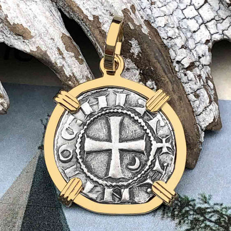 Templar Knights Era Antioch Crusader Medieval Silver Denier - Helmet Head - Coin of the Crusades 14K Gold Pendant 