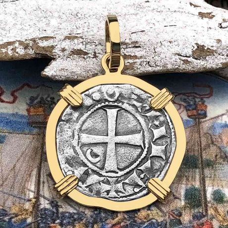 Templar Knights Era Antioch Crusader Medieval Silver Denier - Helmet Head - Coin of the Crusades 14K Gold Pendant 