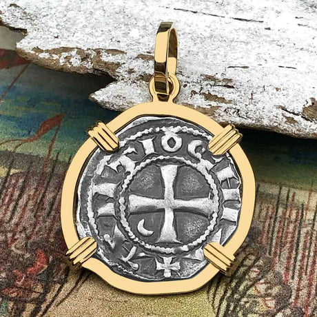 Templar Knights Era Antioch Crusader Medieval Silver Denier - Helmet Head - Coin of the Crusades 14K Gold Pendant 