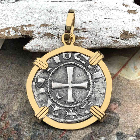 Templar Knights Era Antioch Crusader Medieval Silver Denier - Helmet Head - Coin of the Crusades 14K Gold Pendant 