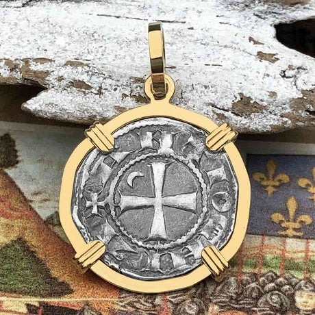 Templar Knights Era Antioch Crusader Medieval Silver Denier - Helmet Head - Coin of the Crusades 14K Gold Pendant 