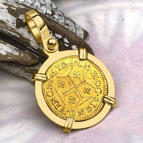 1726 Portuguese 22K Gold 400 Reis "In This Sign Conquer" Crusaders' Cross 18K Gold Pendant