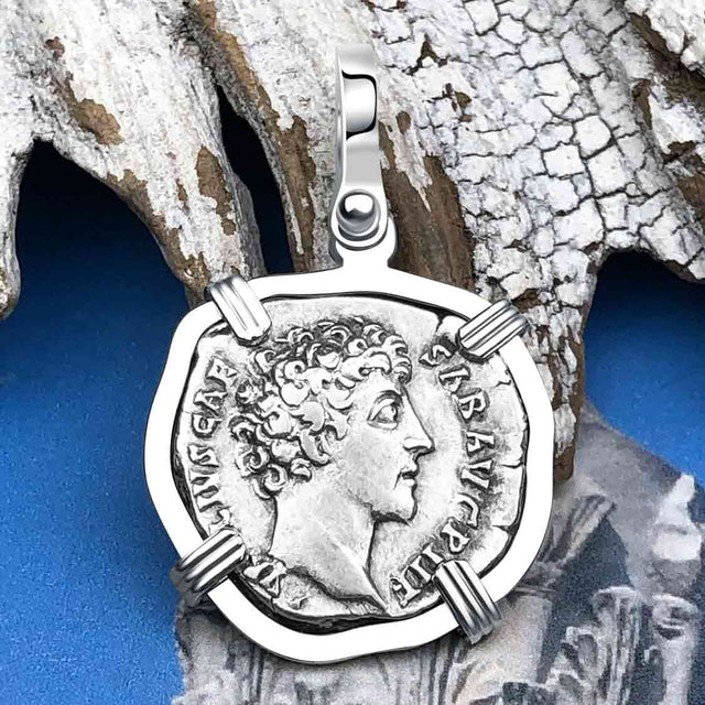 Roman Empire Silver Denarius Coin of Marcus Aurelius, the Philosopher Warrior 145 AD 14K White Gold Pendant