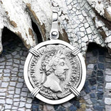 Roman Empire Silver Denarius Coin of Marcus Aurelius, the Philosopher Warrior 166 AD 14K White Gold Pendant