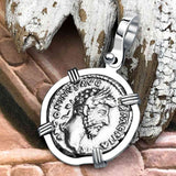 Roman Empire Silver Denarius Coin of Marcus Aurelius, the Philosopher Warrior 164 AD 14K White Gold Pendant