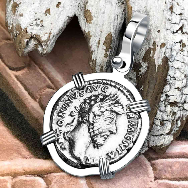 Roman Empire Silver Denarius Coin of Marcus Aurelius, the Philosopher Warrior 164 AD 14K White Gold Pendant