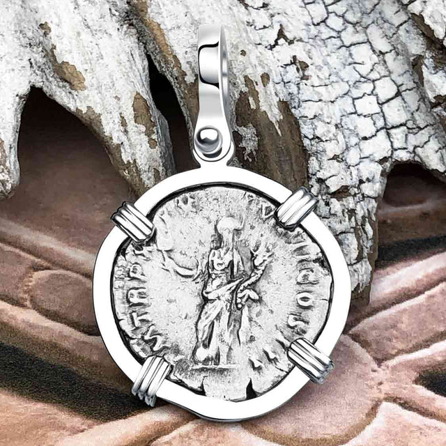 Roman Empire Silver Denarius Coin of Marcus Aurelius, the Philosopher Warrior 164 AD 14K White Gold Pendant
