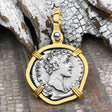 Roman Empire Silver Denarius Coin of Marcus Aurelius, the Philosopher Warrior 145 AD 14K Gold Pendant