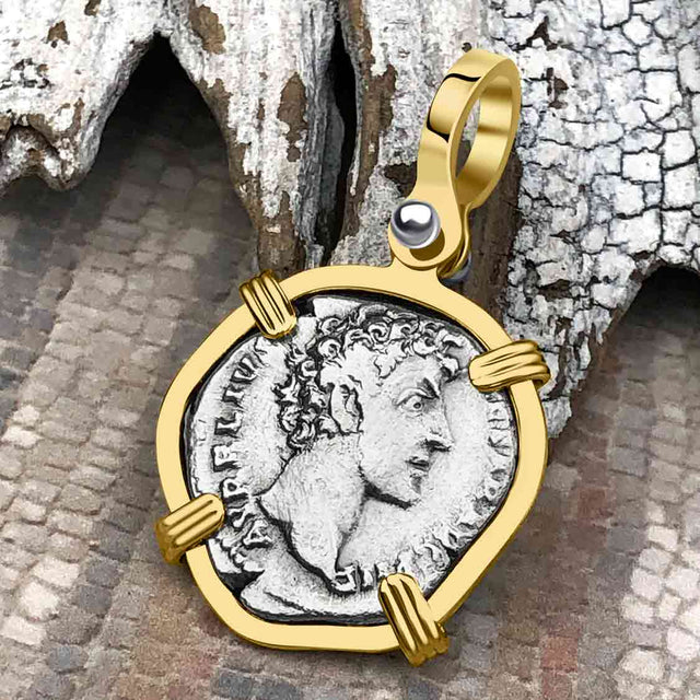 Roman Empire Silver Denarius Coin of Marcus Aurelius, the Philosopher Warrior 145 AD 14K Gold Pendant