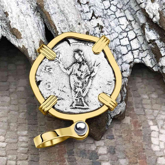 Roman Empire Silver Denarius Coin of Marcus Aurelius, the Philosopher Warrior 145 AD 14K Gold Pendant
