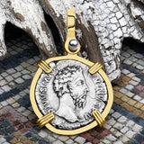 Roman Empire Silver Denarius Coin of Marcus Aurelius, the Philosopher Warrior 180 AD 14K Gold Pendant