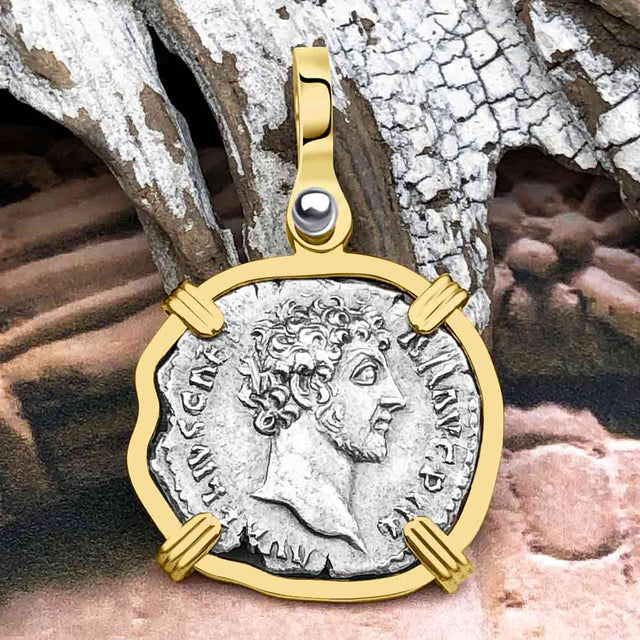 Roman Empire Silver Denarius Coin of Marcus Aurelius, the Philosopher Warrior 147 AD 14K Gold Pendant