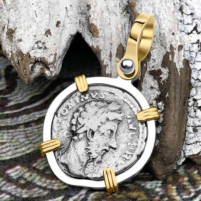 Roman Empire Silver Denarius Coin of Marcus Aurelius, the Philosopher Warrior 172 AD 14K Gold and Sterling Silver Pendant