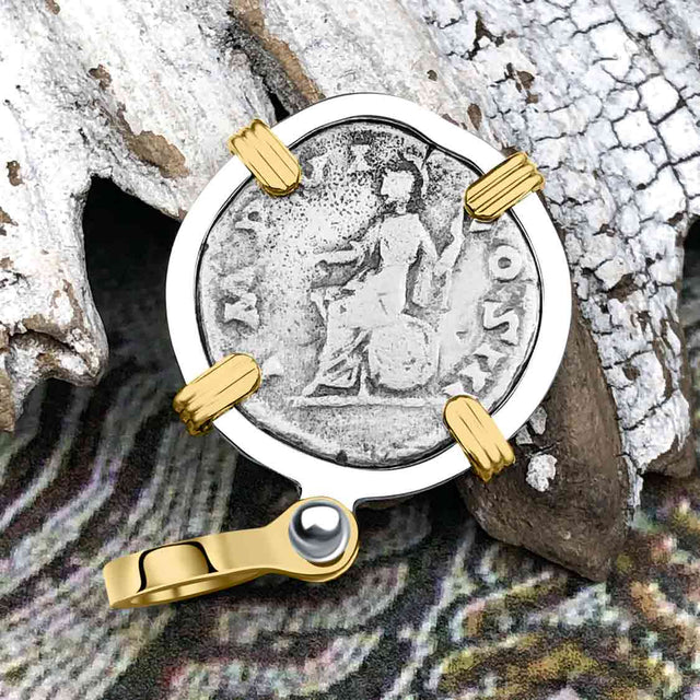 Roman Empire Silver Denarius Coin of Marcus Aurelius, the Philosopher Warrior 172 AD 14K Gold and Sterling Silver Pendant