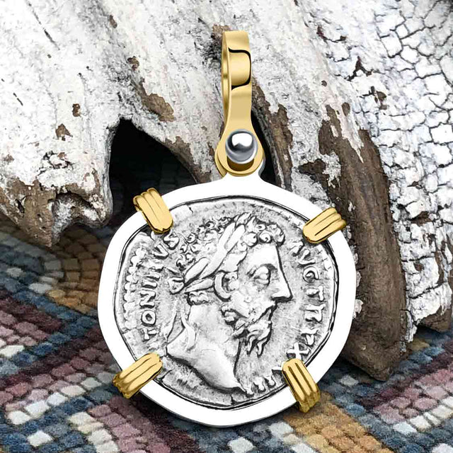 Roman Empire Silver Denarius Coin of Marcus Aurelius, the Philosopher Warrior 168 AD 14K Gold and Sterling Silver Pendant
