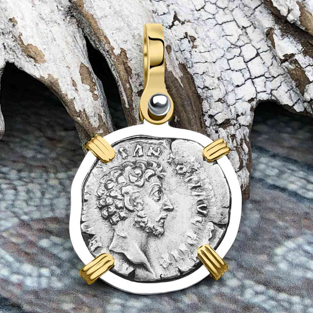 Roman Empire Silver Denarius Coin of Marcus Aurelius, the Philosopher Warrior 156 AD 14K Gold and Sterling Silver Pendant