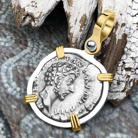 Roman Empire Silver Denarius Coin of Marcus Aurelius, the Philosopher Warrior 156 AD 14K Gold and Sterling Silver Pendant