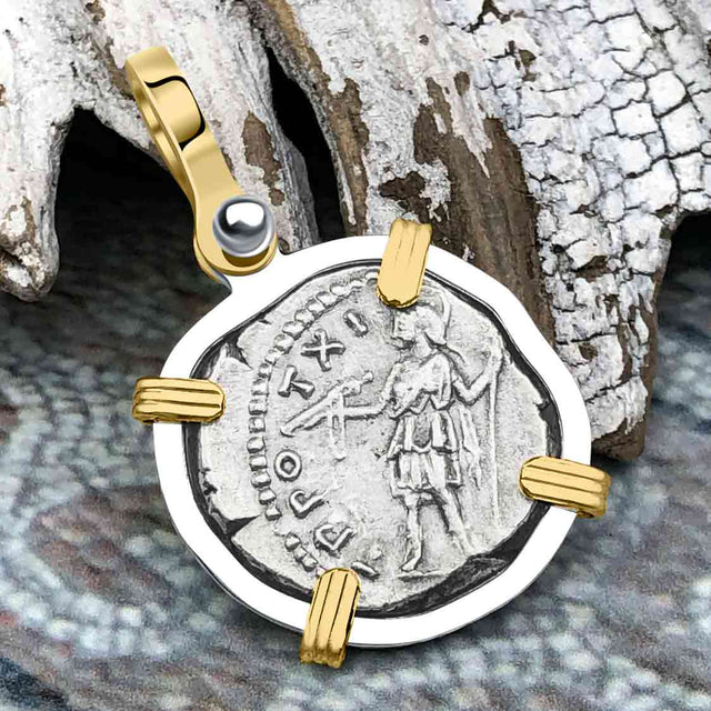 Roman Empire Silver Denarius Coin of Marcus Aurelius, the Philosopher Warrior 156 AD 14K Gold and Sterling Silver Pendant