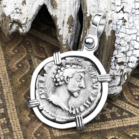 Roman Empire Silver Denarius Coin of Marcus Aurelius, the Philosopher Warrior 153 AD Sterling Silver Pendant