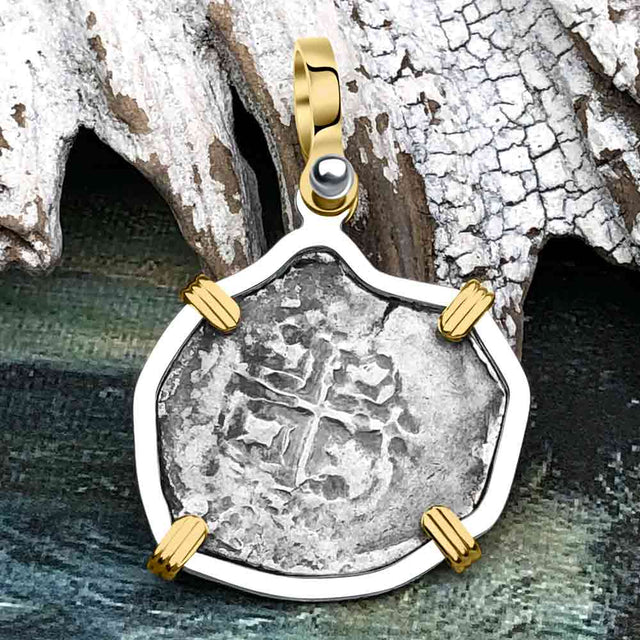 Pirate Era 1655 Spanish 1 Reale Piece of Eight 14K Gold & Sterling Silver Pendant