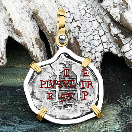 Pirate Era 1655 Spanish 1 Reale Piece of Eight 14K Gold & Sterling Silver Pendant