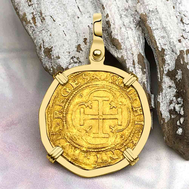 Rare Circa 1550 Unknown Shipwreck 22K Gold 1 Escudo - the Legendary Pirate Era Doubloon 18K Gold Pendant
