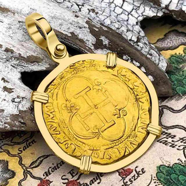Circa 1560 Unknown Shipwreck 22K Gold 1 Escudo - the Legendary Pirate Era Doubloon 18K Gold Pendant