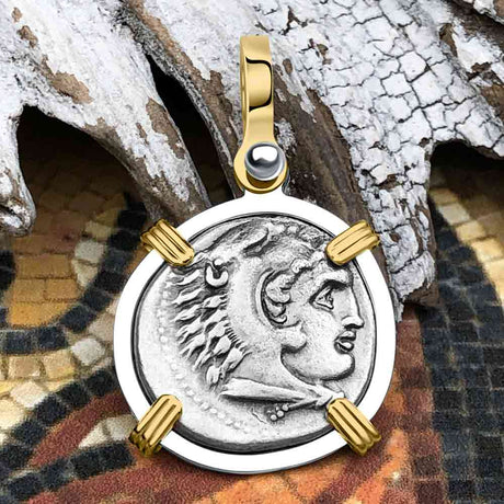 Ancient Greek Alexander the Great Silver Drachm Coin 14K Gold & Sterling Silver Pendant