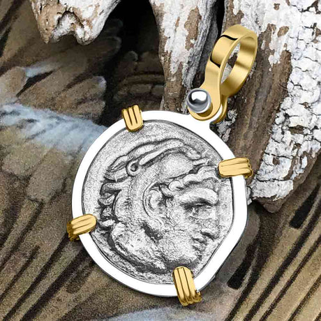 Ancient Greek Alexander the Great Silver Drachm Coin 14K Gold & Sterling Silver Pendant
