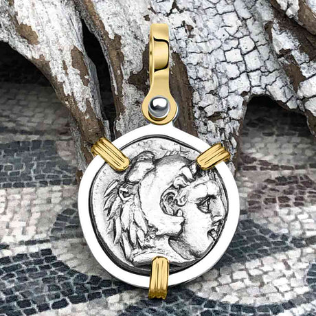 Ancient Greek Alexander the Great Silver Drachm Coin 14K Gold & Sterling Silver Pendant