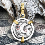 Ancient Greek Alexander the Great Silver Drachm Coin 14K Gold & Sterling Silver Pendant