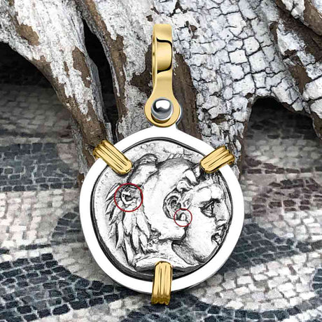 Ancient Greek Alexander the Great Silver Drachm Coin 14K Gold & Sterling Silver Pendant