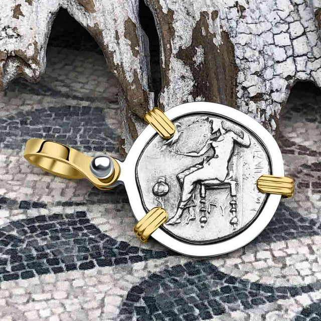 Ancient Greek Alexander the Great Silver Drachm Coin 14K Gold & Sterling Silver Pendant