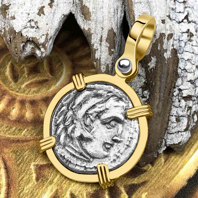 Ancient Greek Alexander the Great Silver Drachm Coin 14K Gold Pendant