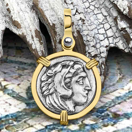 Ancient Greek Alexander the Great Silver Drachm Coin 14K Gold Pendant