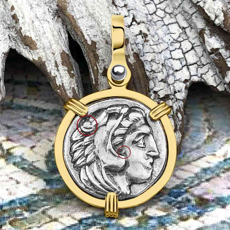 Ancient Greek Alexander the Great Silver Drachm Coin 14K Gold Pendant