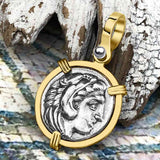 Ancient Greek Alexander the Great Silver Drachm Coin 14K Gold Pendant