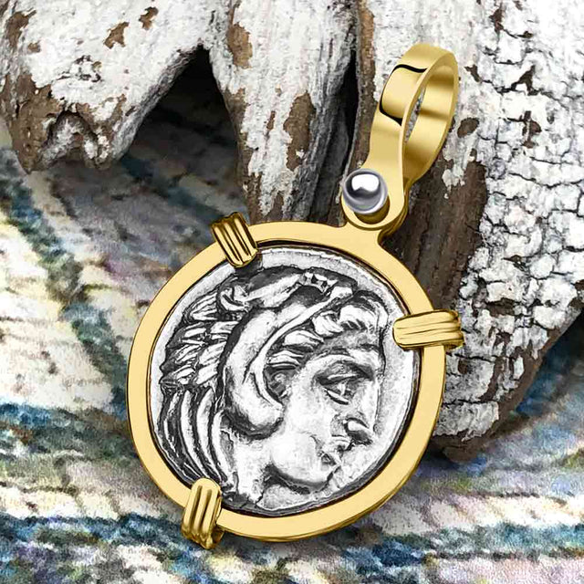 Ancient Greek Alexander the Great Silver Drachm Coin 14K Gold Pendant