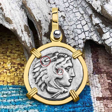 Ancient Greek Alexander the Great Silver Drachm Coin 14K Gold Pendant