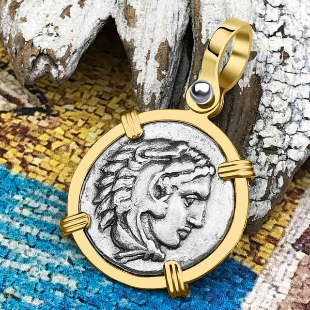Ancient Greek Alexander the Great Silver Drachm Coin 14K Gold Pendant