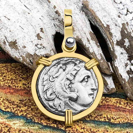 Ancient Greek Alexander the Great Silver Drachm Coin 14K Gold Pendant