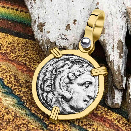 Ancient Greek Alexander the Great Silver Drachm Coin 14K Gold Pendant
