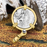 Ancient Greek Alexander the Great Silver Drachm Coin 14K Gold Pendant