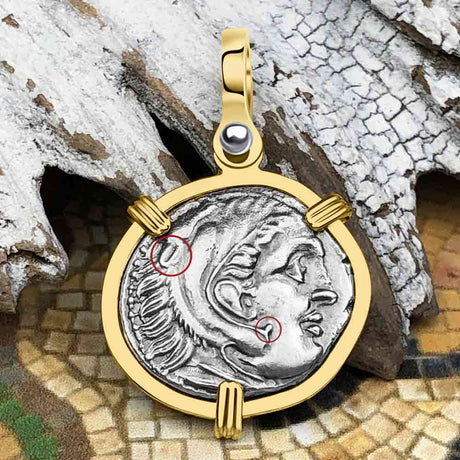 Ancient Greek Alexander the Great Silver Drachm Coin 14K Gold Pendant